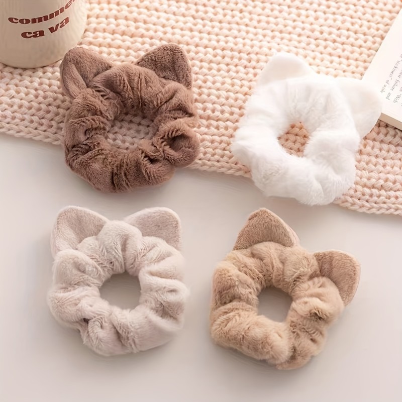 4 Pcs\u002FSet Adorable Furry Cat Ears Scrunchies - Soft, Stretchy, and Detachable Hair Ties for Ponytails, Fluffy Hair Elastics, Spiral Hair Ring, and Cute Hair Accessories - Perfect for Girls and Women