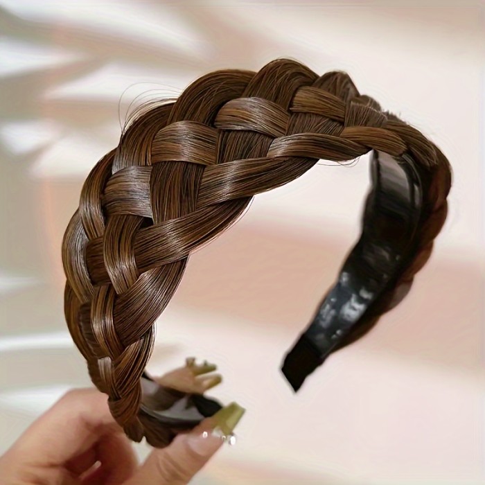 Elegant Fishbone Braid Headband - Wide, Non-Slip Hair Accessory with Synthetic Handcrafted Fluffy Bun & Braided Clips