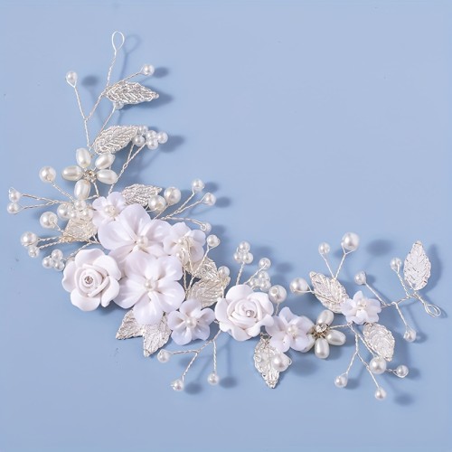1Pc Exquisite Flower Bride Wedding Hair Vine - Pearl Embellished, Rhinestone Studded, Leaf-Shaped Bridal Hair Piece and Headband for Women, Perfect for Daily Use and Special Occasions