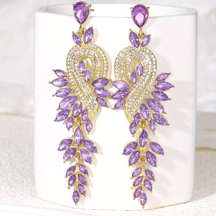 Geometric Rhinestones Decor Long Leaf Dangle Earrings