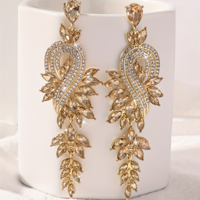 Geometric Rhinestones Decor Long Leaf Dangle Earrings