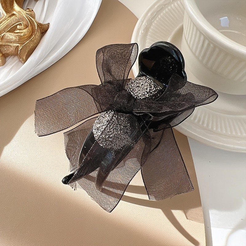 1pc Elegant Vintage Black Bow Hair Claw with Rhinestone Accents, Plastic Middle-Sized Hair Clip for Ponytail and Bun Hairstyles, Color Matching Hair Accessory for Valentine'S Day - Single Piece