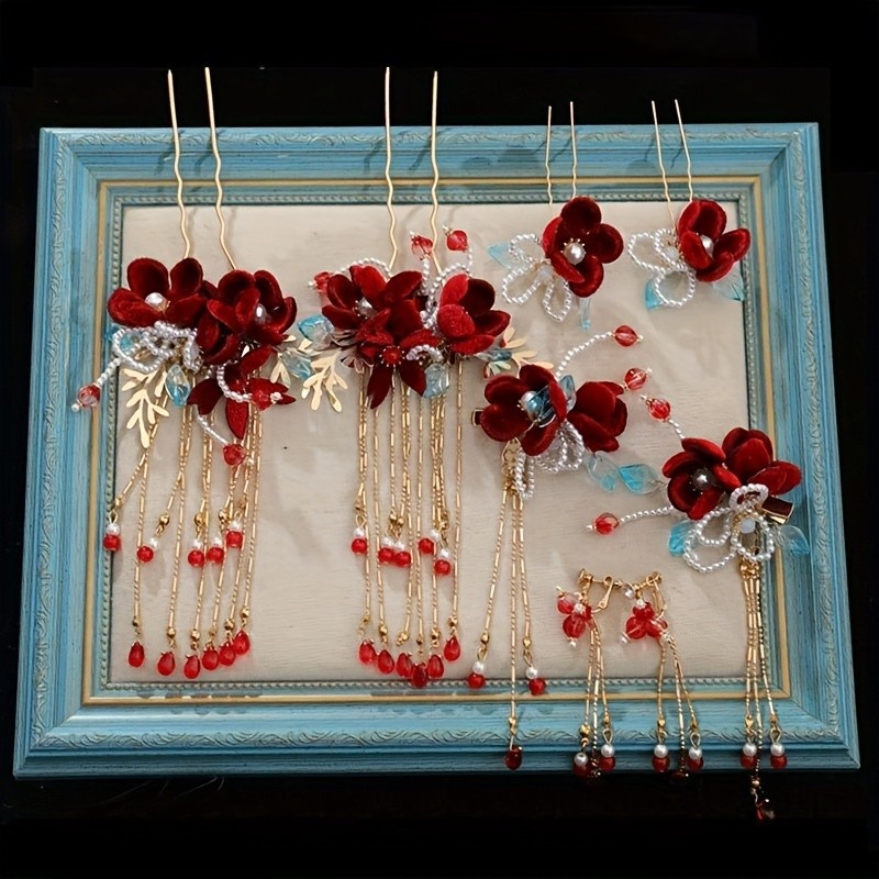 Chinese Style Hairpins Vintage Red Velvet Flowers Beaded Hairpins Exquisite Tassel Hair Clips Women daily use Hair Styling Accessories