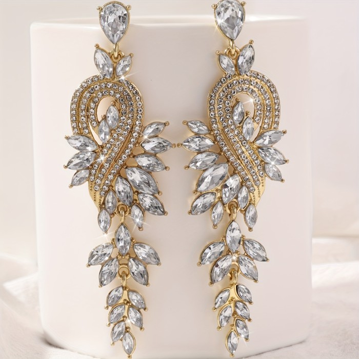 Geometric Rhinestones Decor Long Leaf Dangle Earrings