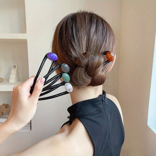 Hair Stick, Women's Elegant Accessory, Green & Pink Natural Stone Inlay, Simple Hair Pin For Updos, Versatile For Daily Wear And All Occasions