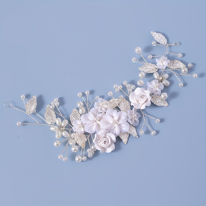 1Pc Exquisite Flower Bride Wedding Hair Vine - Pearl Embellished, Rhinestone Studded, Leaf-Shaped Bridal Hair Piece and Headband for Women, Perfect for Daily Use and Special Occasions