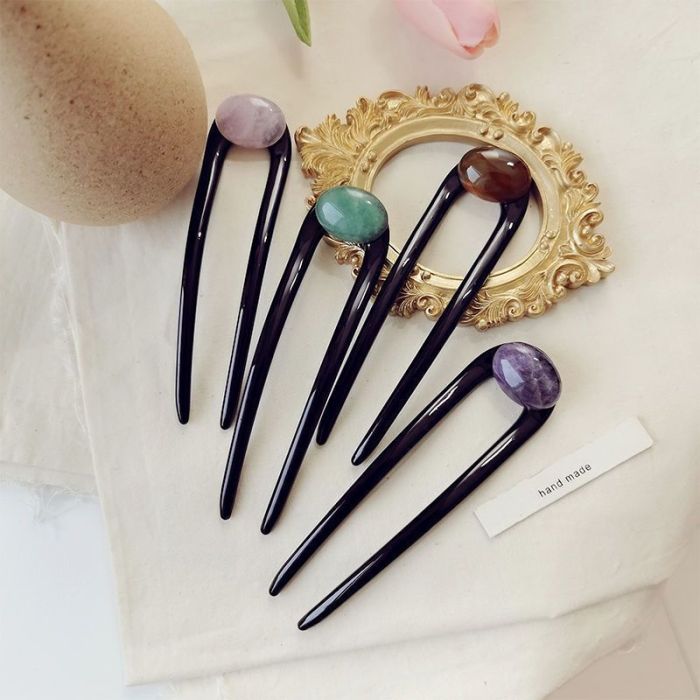 Hair Stick, Women's Elegant Accessory, Green & Pink Natural Stone Inlay, Simple Hair Pin For Updos, Versatile For Daily Wear And All Occasions
