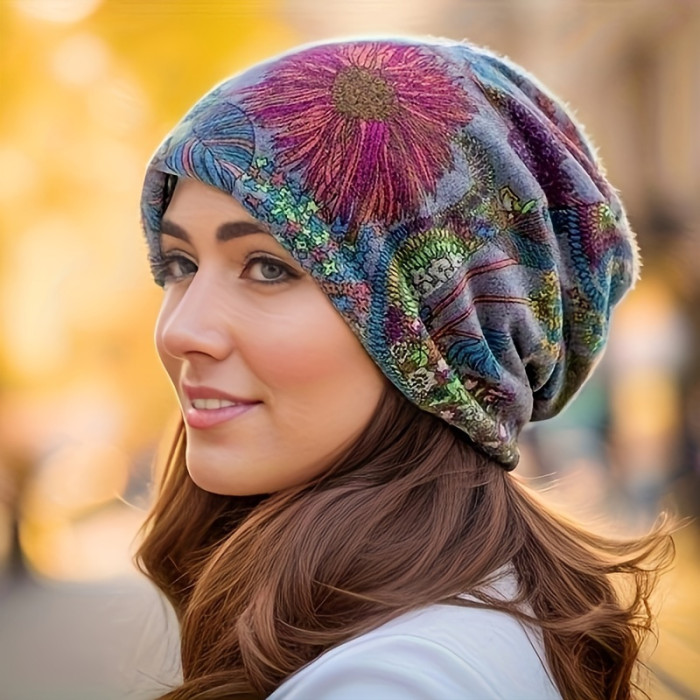 Floral Print Slouchy Beanie Hat, Bohemian Style Hat, Lightweight Vintage Skull Cap For Autumn Winter, Chemo Hat
