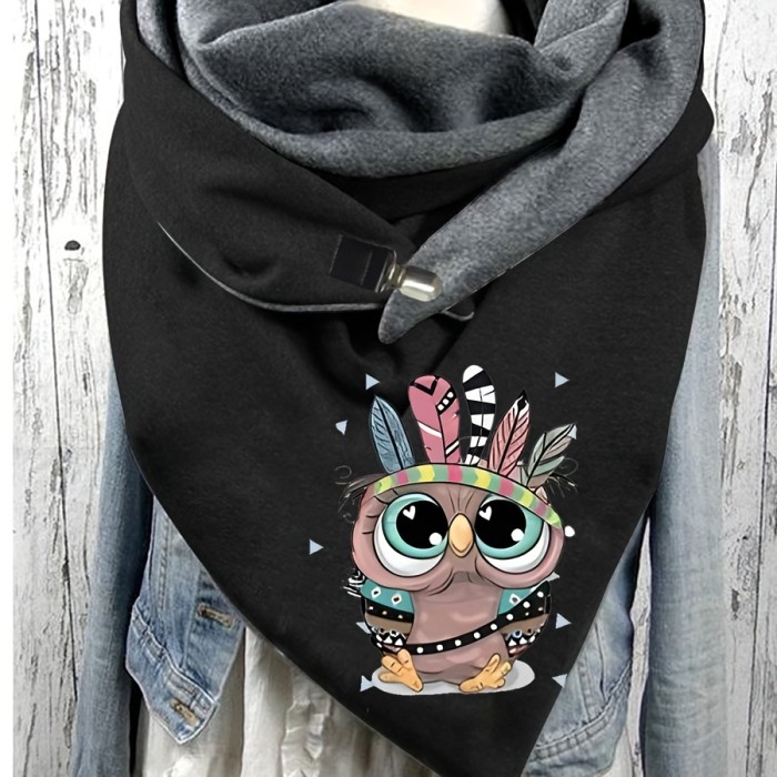 Women's Casual Warm Owl Print Triangle Scarf - 100% Polyester, Elastic, Windproof - Decorative Animal Pattern Shawl Wrap for Weekend Wear