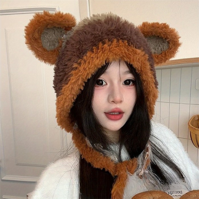 Women'S Plush Bear Ear Beanie, Polyester Fuzzy Animal Hat, Winter Warm Knitted Cap, with Elasticity, Hand Washable, for Outdoor Accessory