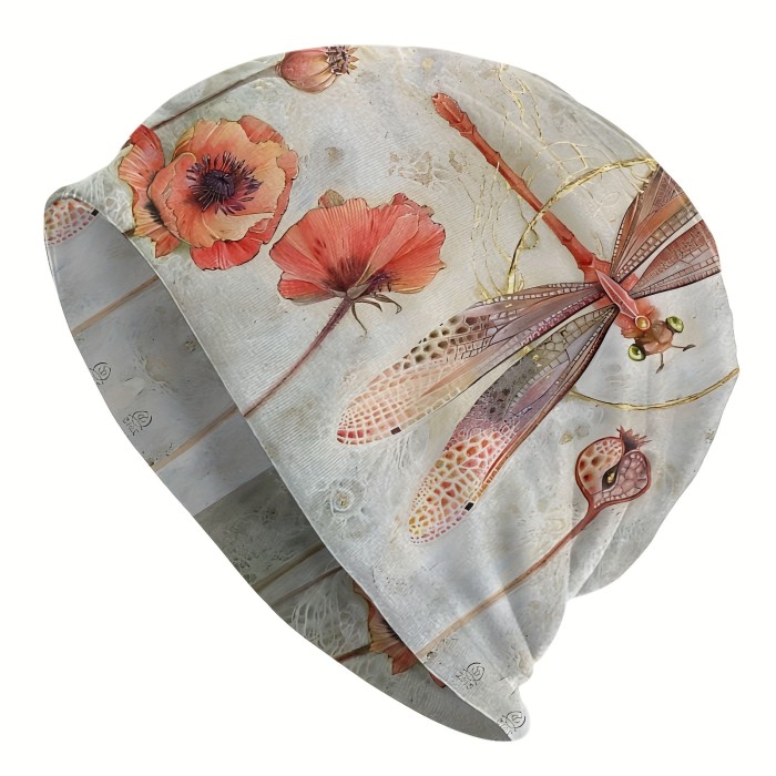 Premium Retro Boho Style Fresh Beanie, Dragonfly Print Knitted Hat, For Men Autumn Spring Warm Cap