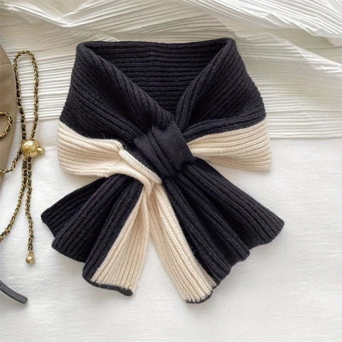 Elegant Knitted Polyester Scarf for Women - Cross-Neck Design, Elastic, Decorative, Warm, Windproof, Suitable for Outdoor Use