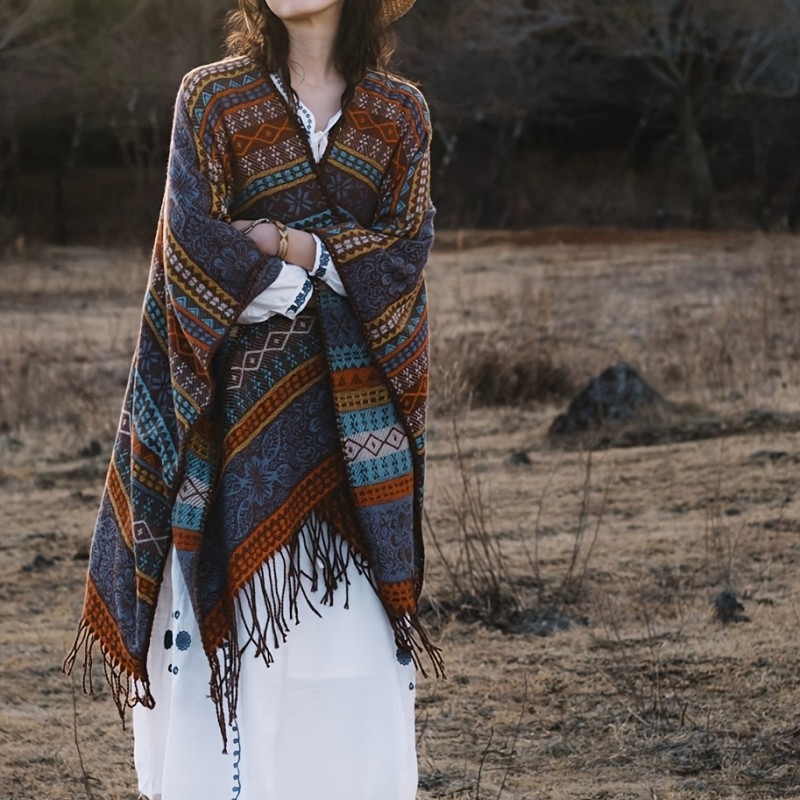 Boho Chic Faux Cashmere Striped Shawl Scarf - Cozy, Warm & Windproof for Autumn\u002FWinter | Colorful Bohemian Jacquard Design