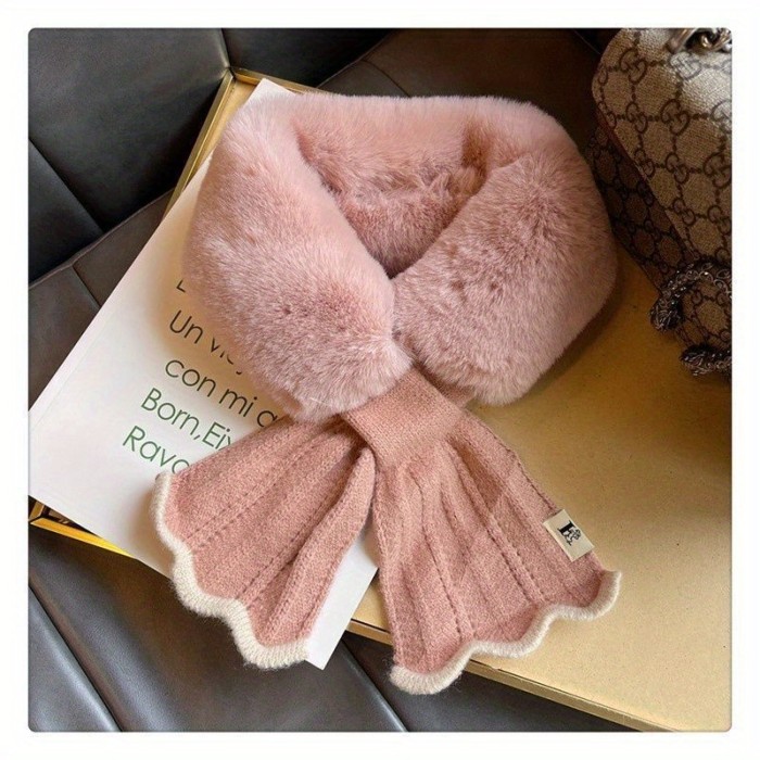 1pc Women'S Knitted Scarf, Korean Style, Thickened Warm Faux Fur Collar, Non-elastic, Street Style, Hand Wash or Dry Clean, Polyester (Poly) Material, Casual Outdoor Wear