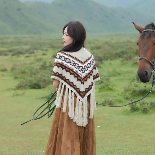 Bohemian Knit Acrylic Shawl, 100% Acrylic, Boho Style, Machine Washable, Decorative & Warm Wrap for Mature Occasions