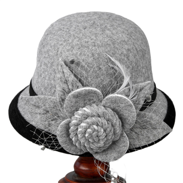 Elegant Women's Tweed Bowler Hat with Mesh & Flower Accents - Vintage Wide Brim Church Cap for Fancy Dress Costumes, Handwash\u002FDry Clean