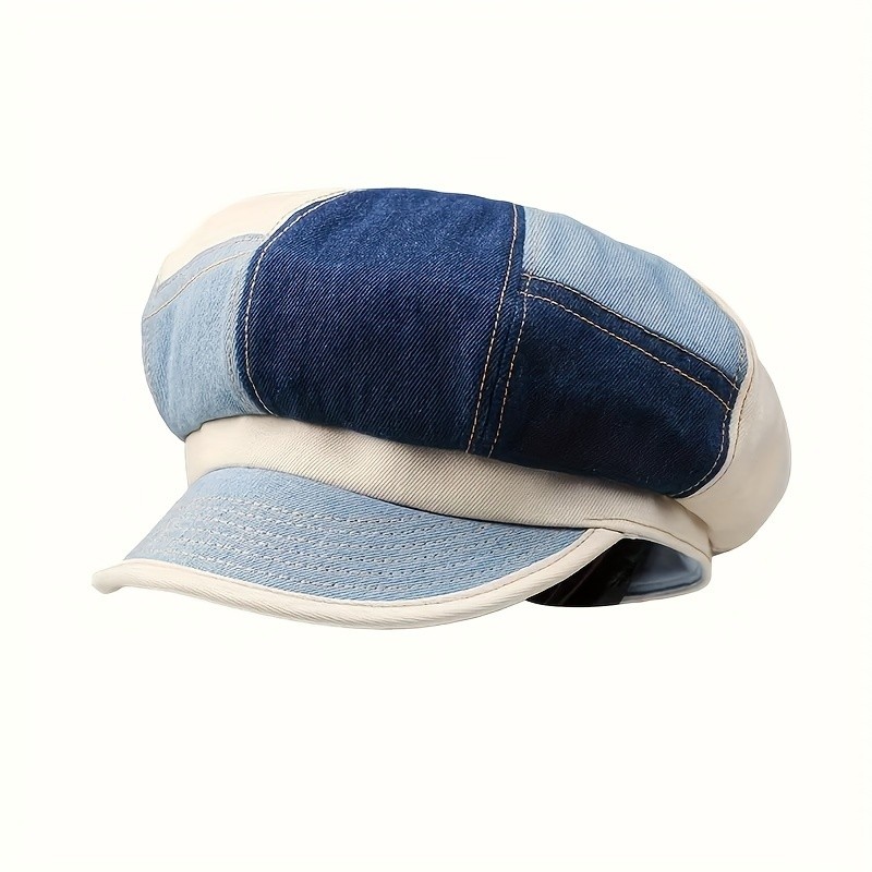 Vintage Chic Denim Patchwork Newsboy Sun Hat - Stylish, Durable, and Protective - Cotton, Elastic, Hand Wash Only, All-Season Wear