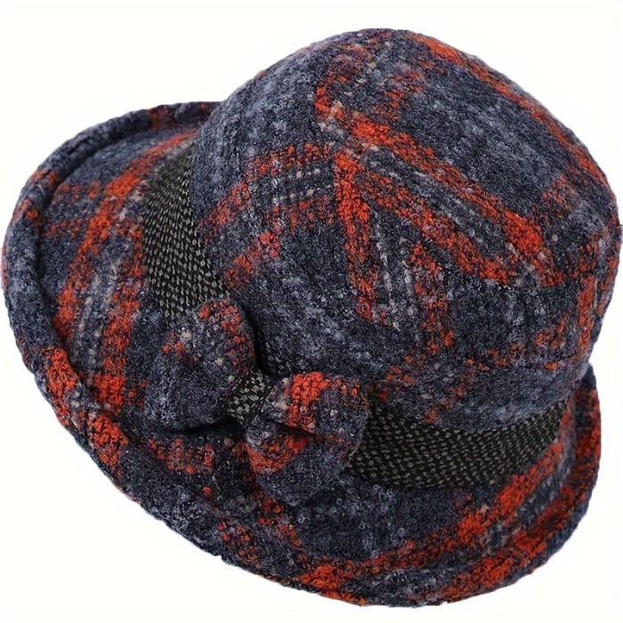 Vibrant Retro Floral Print Knitted Hat - Thickened, Warm, Windproof, and Trendy - Perfect for Middle-Aged Mothers with Bow Decoration and Stylish Winter Look