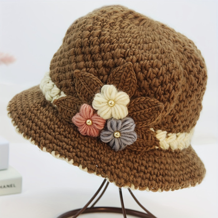 Vintage Crochet Flower Bucket Hat, Thick Warm Fisherman's Cap for Women, Autumn and Winter Daily Wear, Polyester Handcrafted Non-stretch with Hook Up Weave, Featherless - Hand Washable or Dry Clean Only
