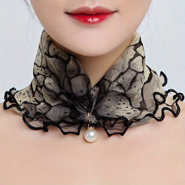 Luxurious Ruffles Faux Pearl Pendant Infinity Scarf - Sparkling Floral Print, Warm Gauze Collar, Decorative Neck Gaiter, Elegant Women's Neck Scarf for Any Occasion