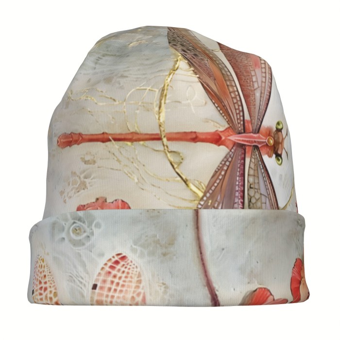 Premium Retro Boho Style Fresh Beanie, Dragonfly Print Knitted Hat, For Men Autumn Spring Warm Cap