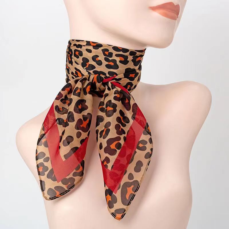 25.59  Leopard Print Square Scarf Vintage Chiffon Shawl Sunscreen Head Wrap Outdoor Windproof Beach Towel Hair Accessories