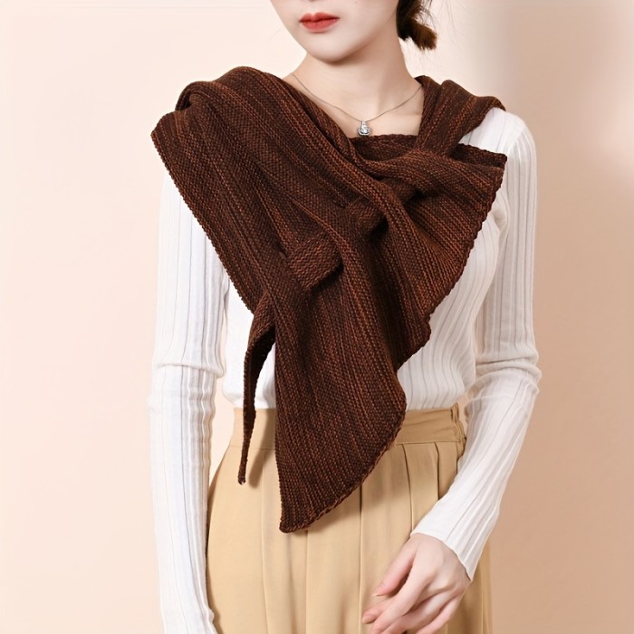 Casual Jacquard Knitted Shawl - Polyester Fiber, Elastic, Windproof, Warmth-Enhancing, Hand Washable, Decorative Triangle Scarf for Going Out