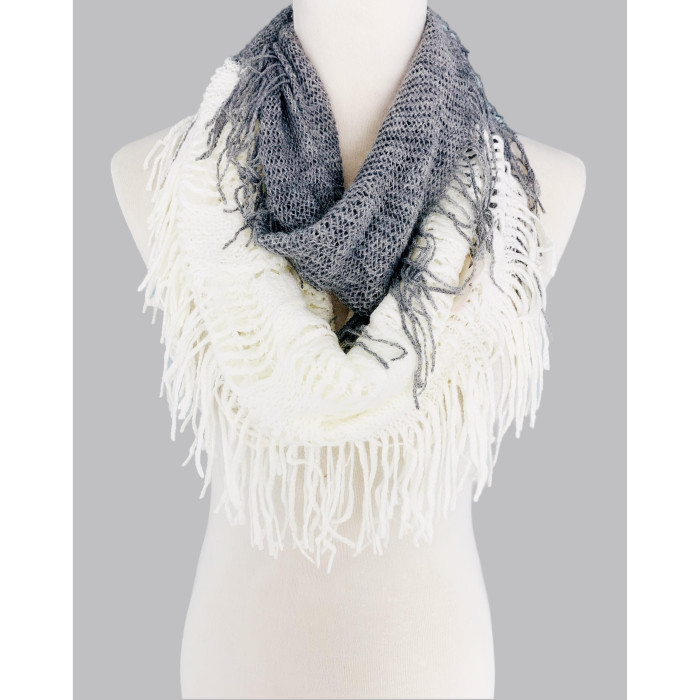 Ultra Soft Two Tone Knitted Fringed Infinity Scarf – Twistable Loop Snood for Chic Style & Cozy Warmth