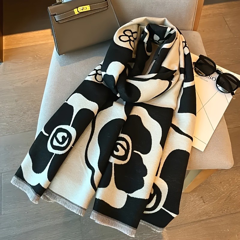 Elegant Camellia Shawl Scarf for Women - Breathable & Warm Polyester, Chic Black & White | Perfect for Spring\u002FSummer Beach & Casual Outfits