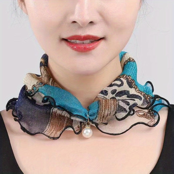 Luxurious Ruffles Faux Pearl Pendant Infinity Scarf - Sparkling Floral Print, Warm Gauze Collar, Decorative Neck Gaiter, Elegant Women's Neck Scarf for Any Occasion