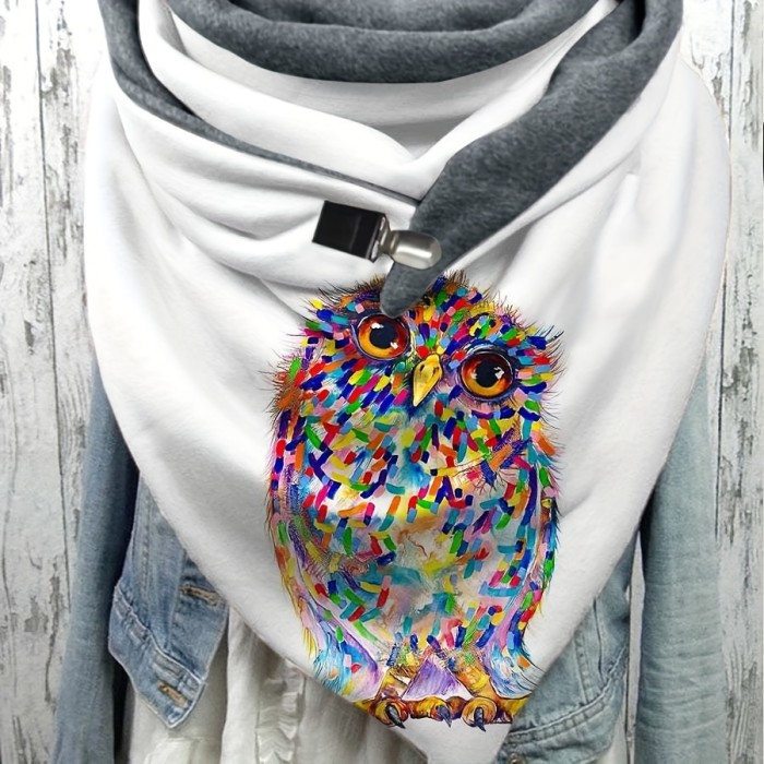 Women's Casual Warm Owl Print Triangle Scarf - 100% Polyester, Elastic, Windproof - Decorative Animal Pattern Shawl Wrap for Weekend Wear
