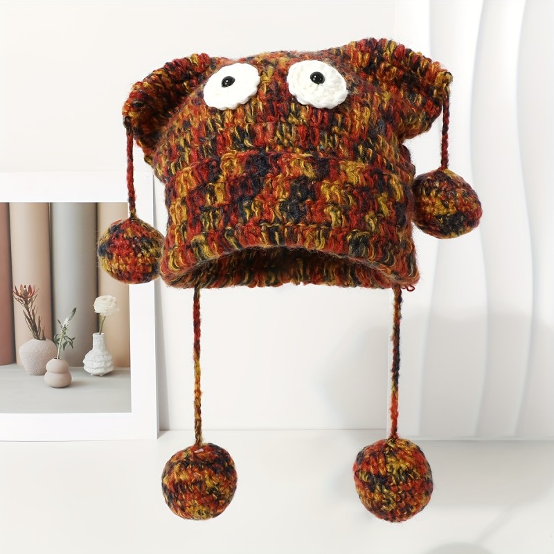 Chic Y2K-Inspired Hand-Knitted Beanie with Quirky Eye Design & Tassel Pom-Pom - Breathable, Stretchy Polyester Blend, Colorful Tie-Dye Pattern, Perfect for Fall & Winter Warmth