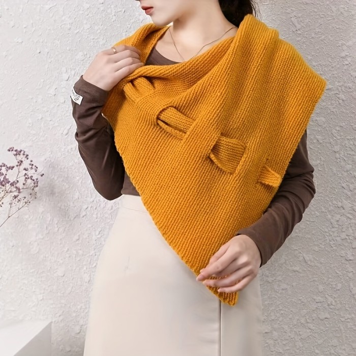 Casual Jacquard Knitted Shawl - Polyester Fiber, Elastic, Windproof, Warmth-Enhancing, Hand Washable, Decorative Triangle Scarf for Going Out