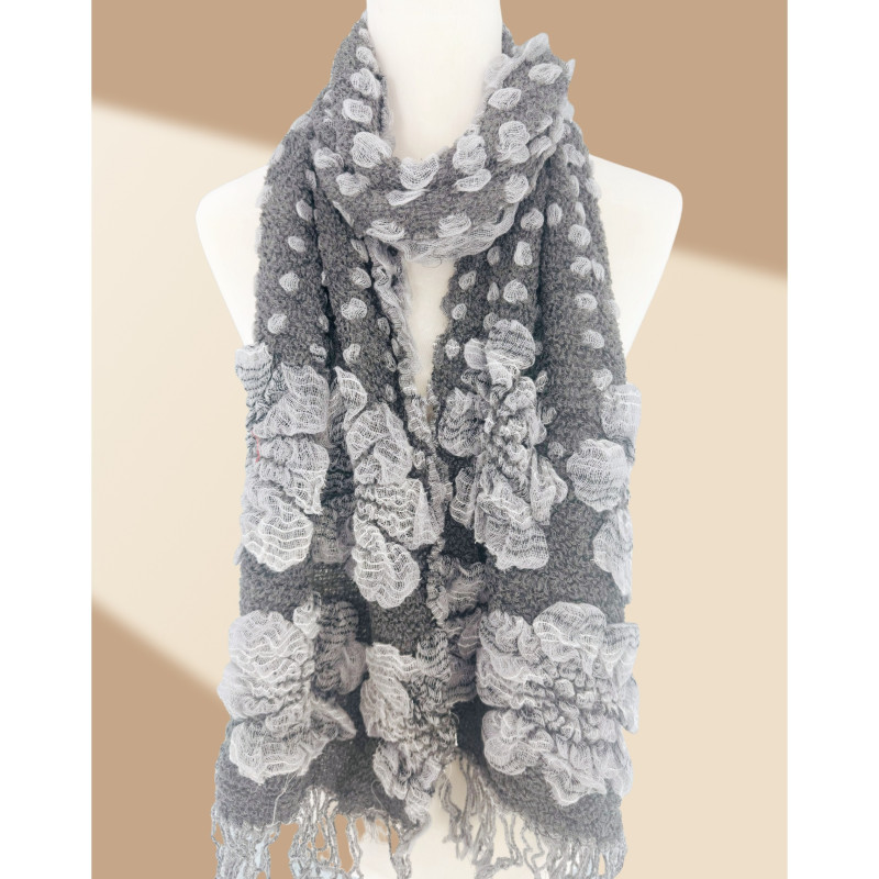 Ultra Soft Thick Cozy Bamboo Fiber Scarf with 3D Floral Design and Long Fringe for Fall and Winter