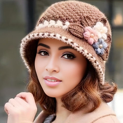 Vintage Crochet Flower Bucket Hat, Thick Warm Fisherman's Cap for Women, Autumn and Winter Daily Wear, Polyester Handcrafted Non-stretch with Hook Up Weave, Featherless - Hand Washable or Dry Clean Only