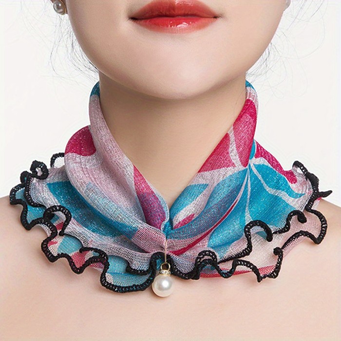 Luxurious Ruffles Faux Pearl Pendant Infinity Scarf - Sparkling Floral Print, Warm Gauze Collar, Decorative Neck Gaiter, Elegant Women's Neck Scarf for Any Occasion