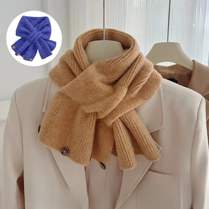Women's Soft Knit Scarf, Short Cross-Knit Neck Wrap, Korean Style Warm Button Scarf, Autumn\u002FWinter Fashion, Polyester, Handwash Only, Sports Accessories