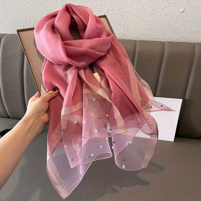 Luxurious Faux Pearl Chiffon Scarf - Fashion Scarves with Elegant Imitation Silk, Shiny Color Block Design, Versatile Head Wrap, Hijab, and Chic Shawl for Women - Perfect Accessory for Any Occasion
