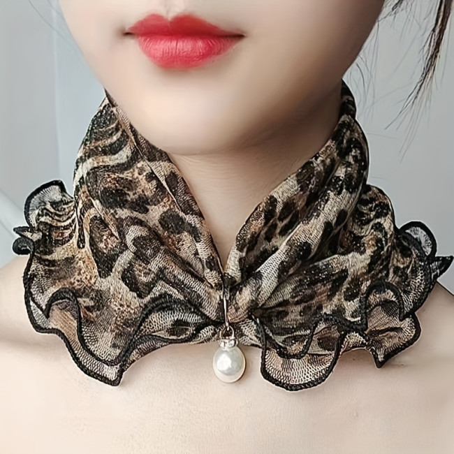Elegant Polyester Chiffon Scarf Fake Collar with Faux Pearl Pendant, 100% Polyester Breathable Sheer Neck Gaiter with Ruffle Trim for Women - All-Season Decorative Elastic Neck Warmer, Non-random Printed Design for Outings, 1 Piece