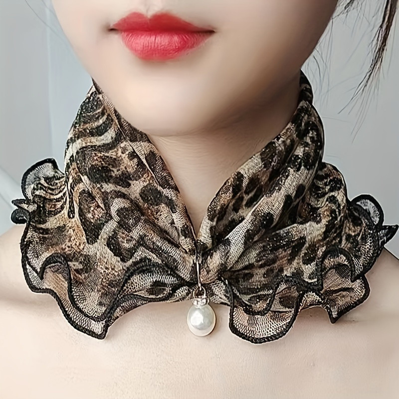 Elegant Polyester Chiffon Scarf Fake Collar with Faux Pearl Pendant, 100% Polyester Breathable Sheer Neck Gaiter with Ruffle Trim for Women - All-Season Decorative Elastic Neck Warmer, Non-random Printed Design for Outings, 1 Piece