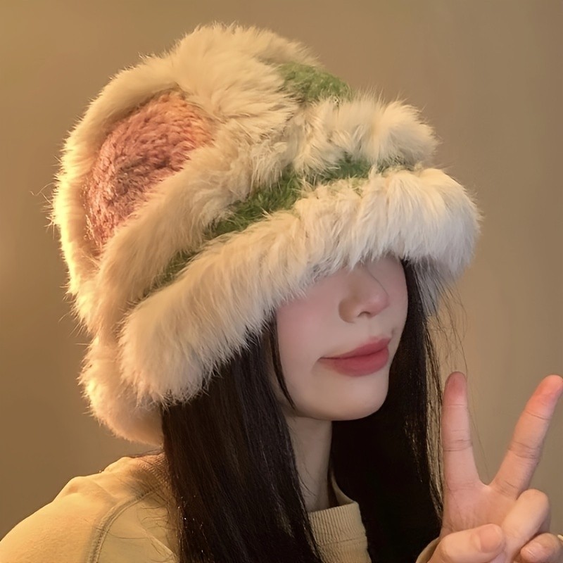 Colorful Rabbit Hair Fisherman Hat Women's Autumn and Winter Handmade Knitted Wool Hat Warm Fuzzy Hat Showing Small Face Plush Hat, for Winter