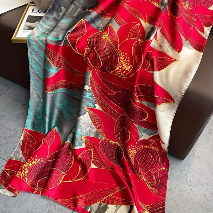 Stylish Satin Flower Printed Scarf Women's Elegant Thin Silky Shawl Travel Sunscreen Decorative Beach Towel