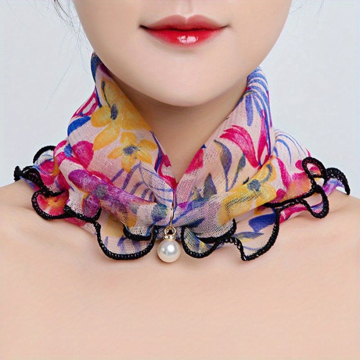 Luxurious Ruffles Faux Pearl Pendant Infinity Scarf - Sparkling Floral Print, Warm Gauze Collar, Decorative Neck Gaiter, Elegant Women's Neck Scarf for Any Occasion