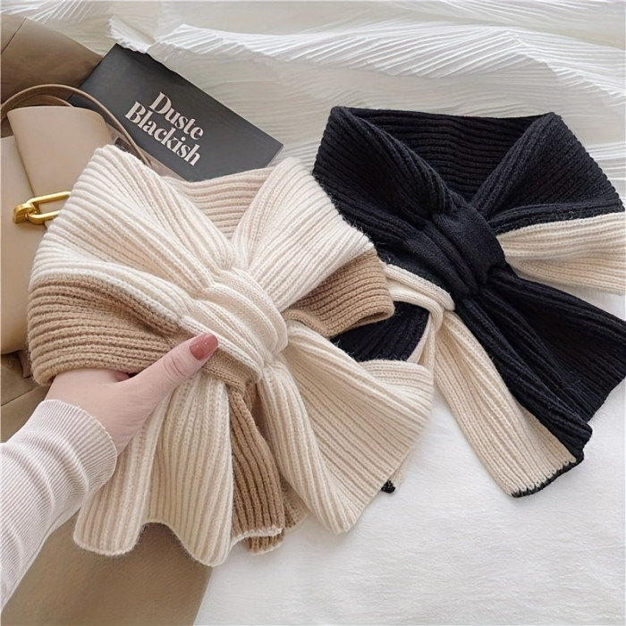 Elegant Knitted Polyester Scarf for Women - Cross-Neck Design, Elastic, Decorative, Warm, Windproof, Suitable for Outdoor Use