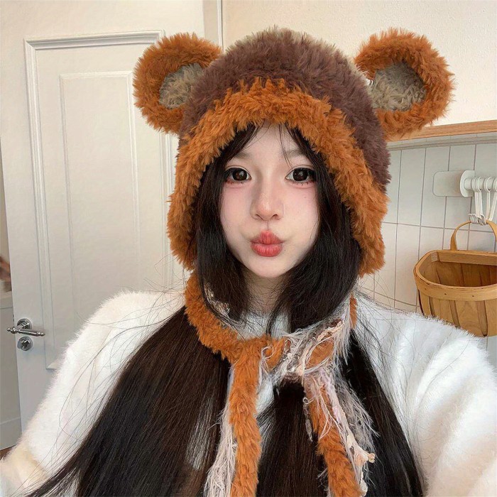 Women'S Plush Bear Ear Beanie, Polyester Fuzzy Animal Hat, Winter Warm Knitted Cap, with Elasticity, Hand Washable, for Outdoor Accessory