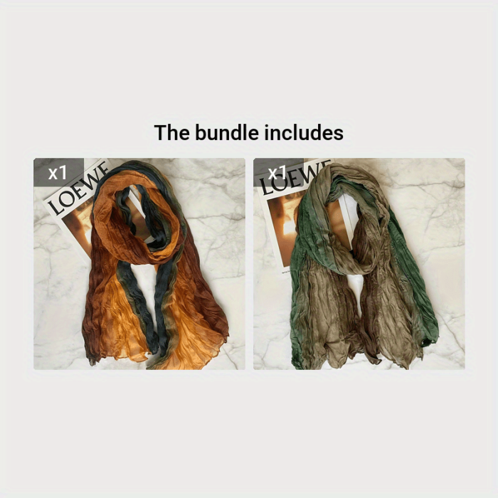 Color Block Crinkled Scarf Thin Breathable Retro Literary Shawl Simple Style Sunscreen Wrap For Women