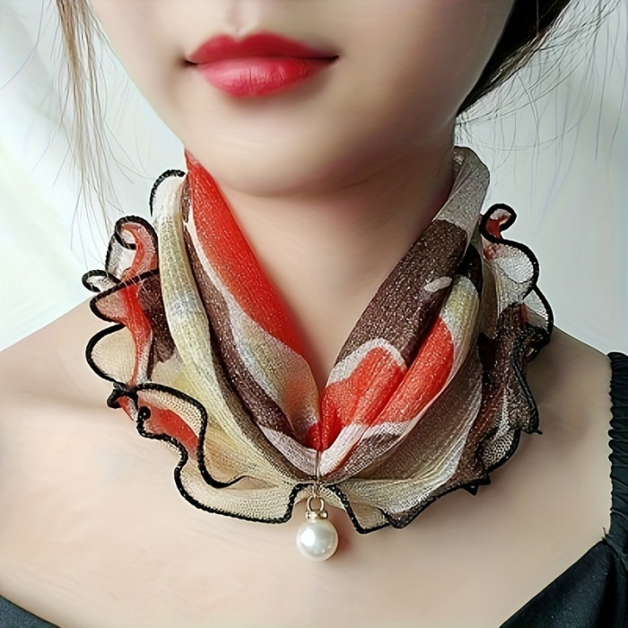 Elegant Polyester Chiffon Scarf Fake Collar with Faux Pearl Pendant, 100% Polyester Breathable Sheer Neck Gaiter with Ruffle Trim for Women - All-Season Decorative Elastic Neck Warmer, Non-random Printed Design for Outings, 1 Piece