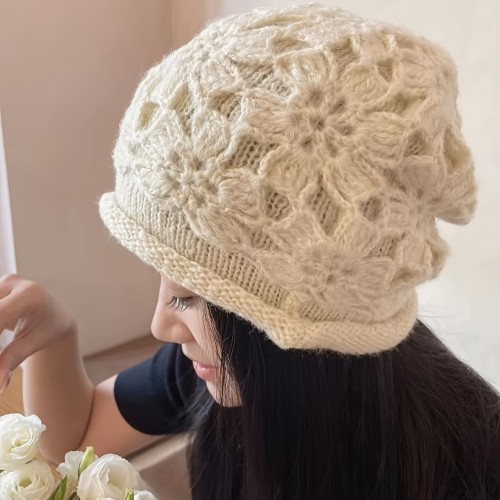 Korean Style Handmade Crochet Thick Warm Beanie Hat With Earmuffs For Women - Winter Fashion Casual Pompom Hat