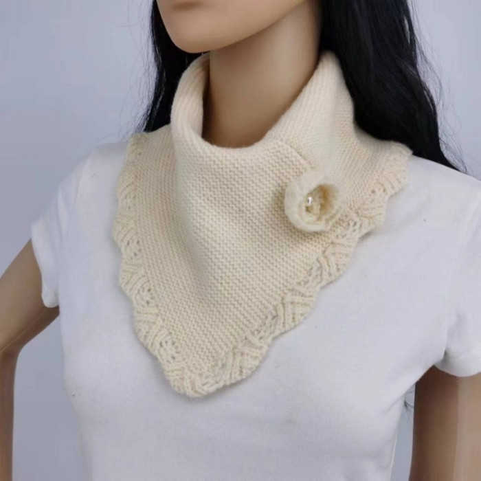 Elegant Knit Triangle Scarf for Women - Cozy, Breathable & Windproof with Floral Crochet Detail, Perfect for Autumn\u002FWinter
