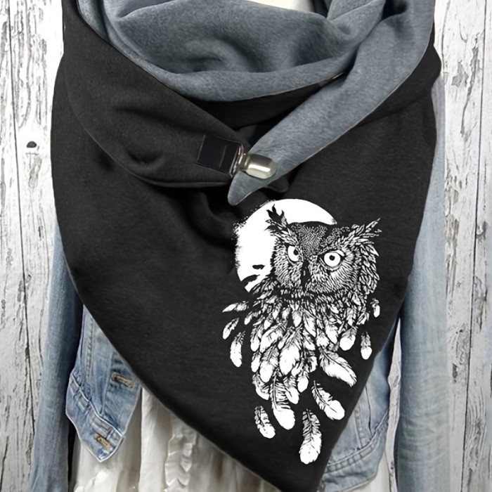 Women's Casual Warm Owl Print Triangle Scarf - 100% Polyester, Elastic, Windproof - Decorative Animal Pattern Shawl Wrap for Weekend Wear